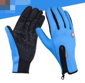 Outdoor Waterproof Gloves Touch Screen Windproof Riding Zipper Sports Winter Warm Fleece Mountaineering Gloves (Option: Blue-L-Silicone type)