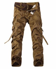Men's Multi-pocket Cargo Pants Washed Hot Sale Cargo Pants (Option: Dark earth yellow-32-Without belt)